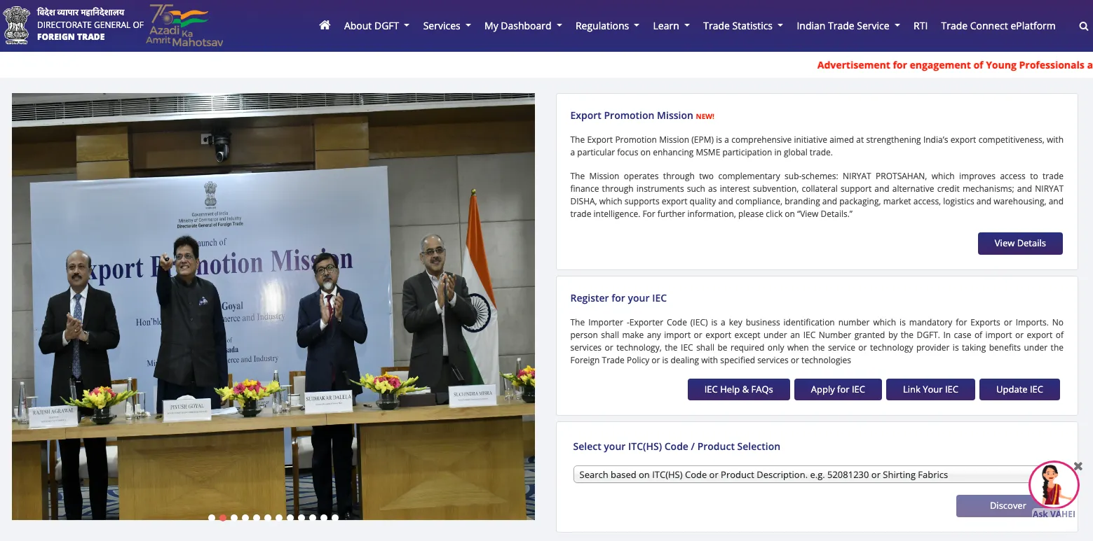 DGFT portal dgft.gov.in for IEC code registration