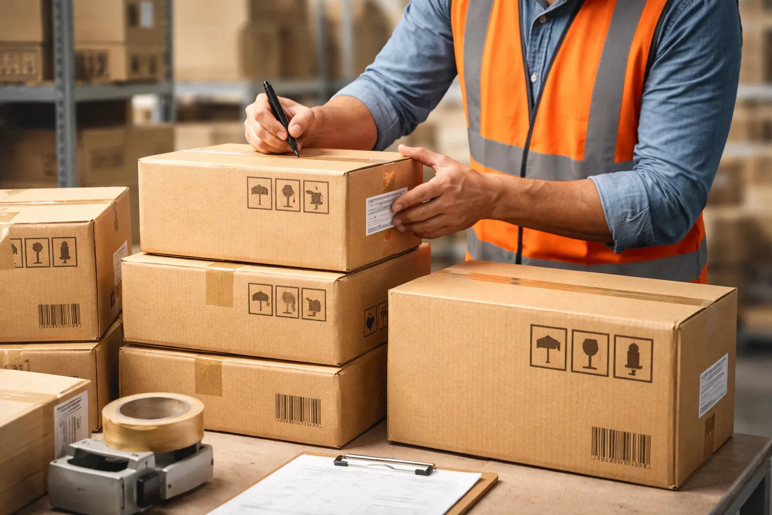 Labelling and stacking export cartons with shipping marks for packing list in India