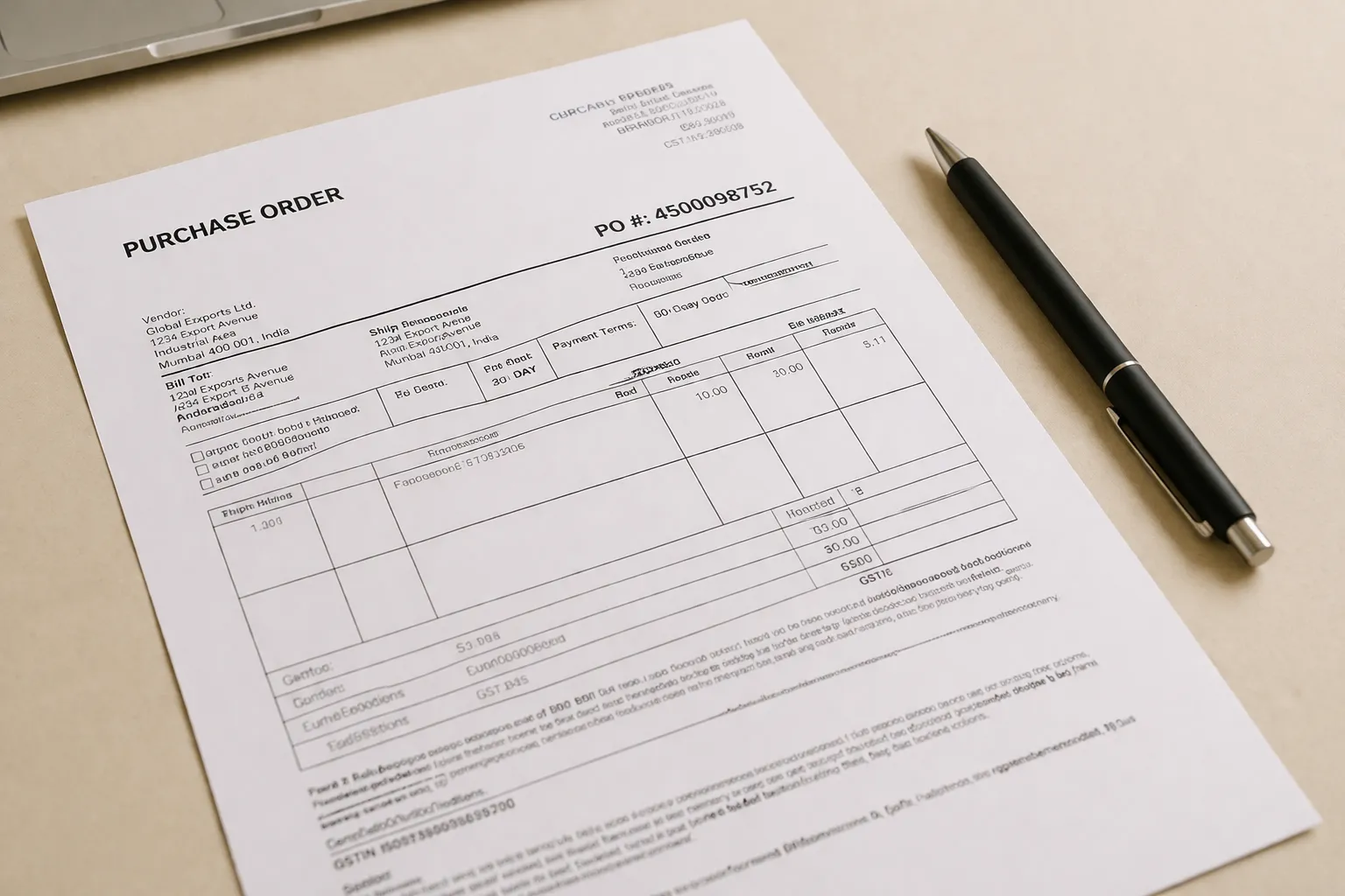 Confirmed purchase order from foreign buyer for first export shipment India