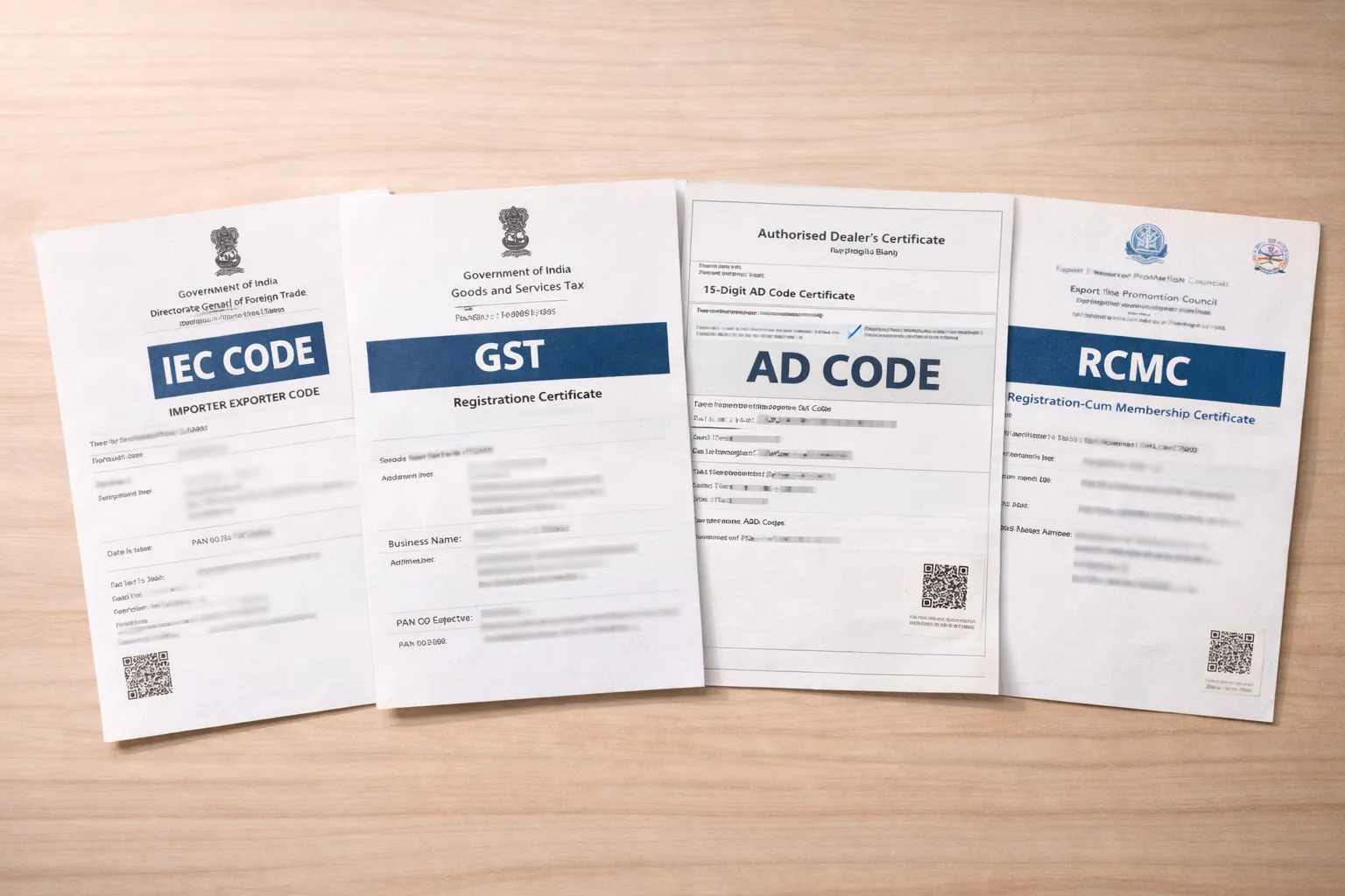 Export registrations required in India — IEC Code, GST, AD Code, RCMC documents
