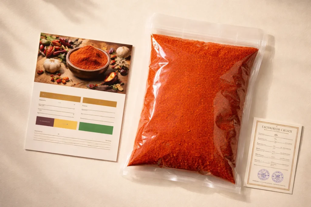 Vacuum packed red chilli export sample with FSSAI certificate for foreign buyer India